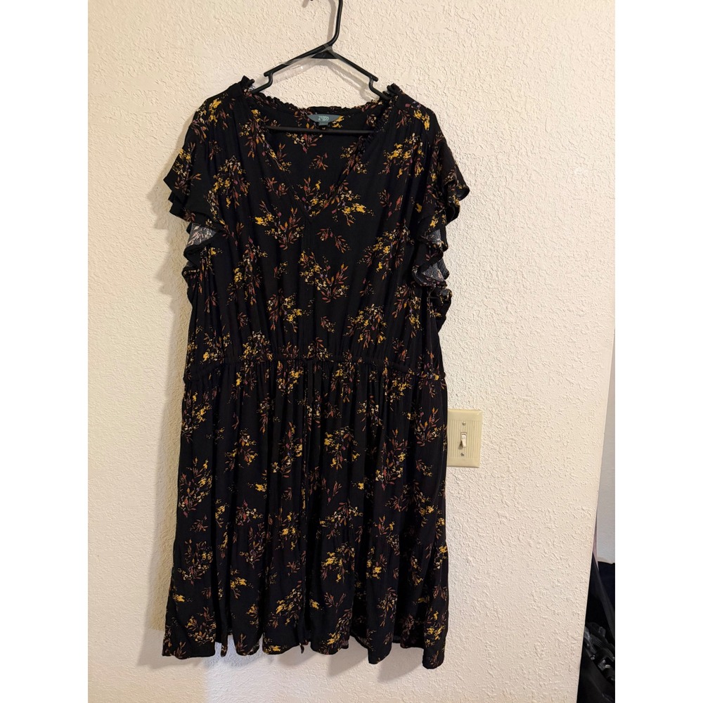 Terra & Sky Womens‎ 2X Black Floral Tiered Maxi Dress Flutter Sleeve Plus Size